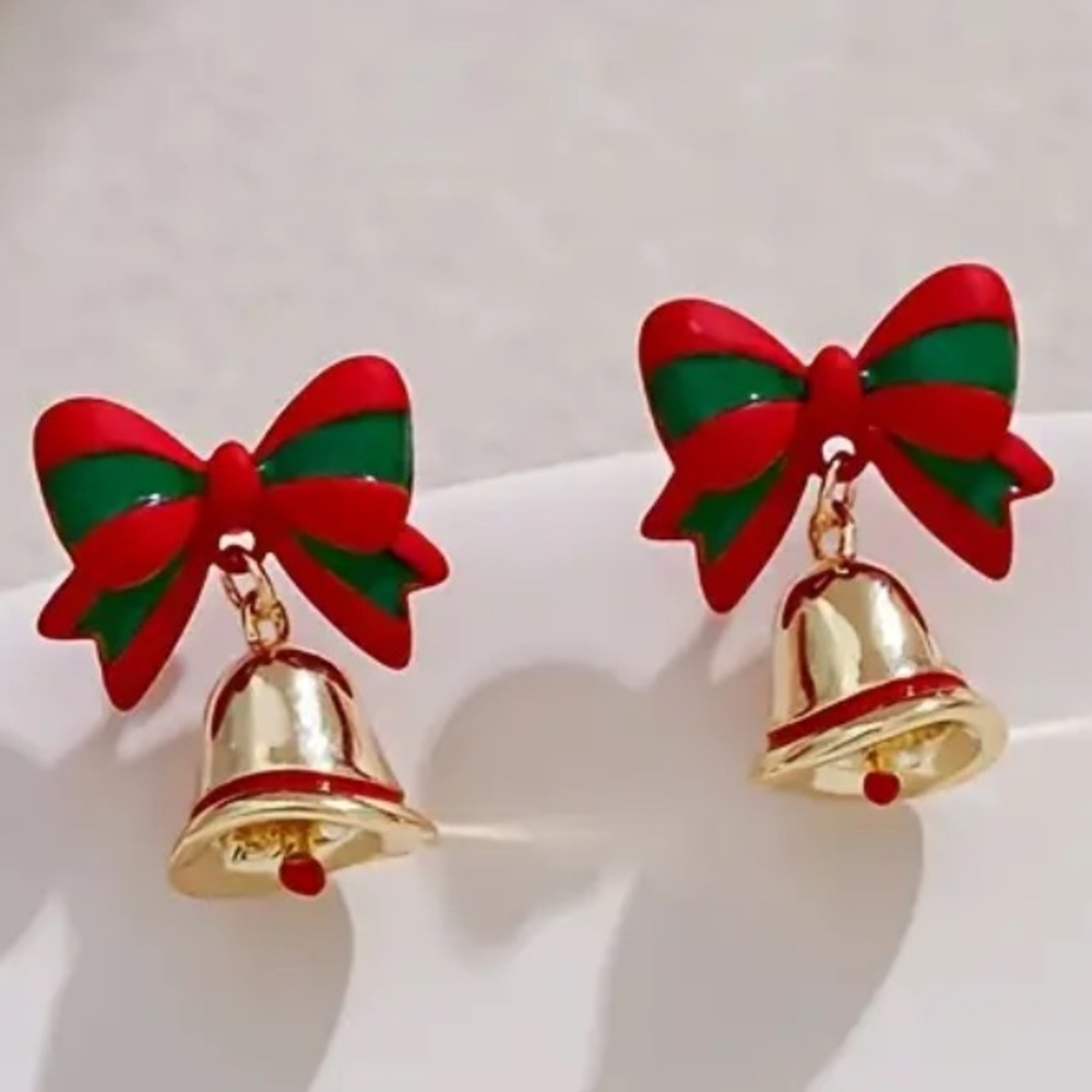 Christmas Festive Red and Green Bow 925 Sterling Silver Earrings with Gold Bells